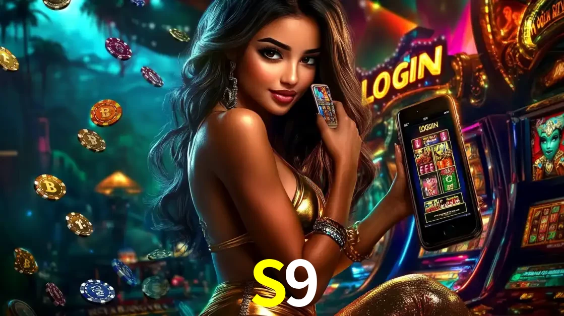 Mulher em um cenário de cassino temático de aventura, mostrando o app de caça-níqueis da S9 no celular. Fichas de apostas flutuam ao redor.