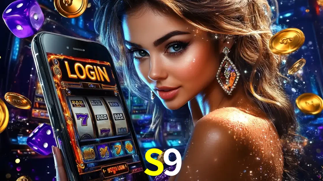 Mulher glamorosa segurando um smartphone com a tela de login para os jogos de caça-níqueis do cassino online S9, com moedas de ouro e dados ao redor.