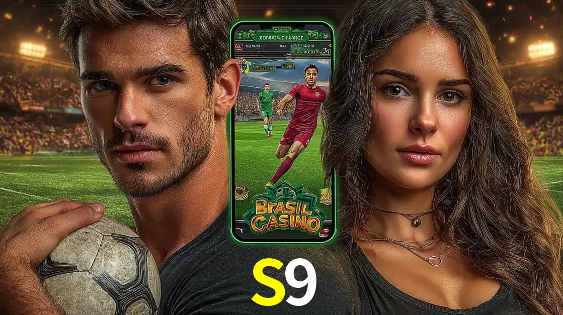 Homem segurando uma bola de futebol e uma mulher ao lado de um smartphone exibindo o jogo de apostas esportivas da S9. Faça seu palpite no cassino online.